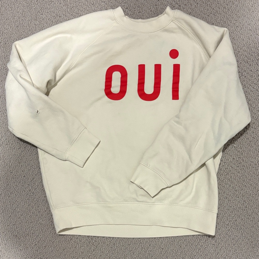 Clare V Cream Crewneck Sweater with Red Lettering